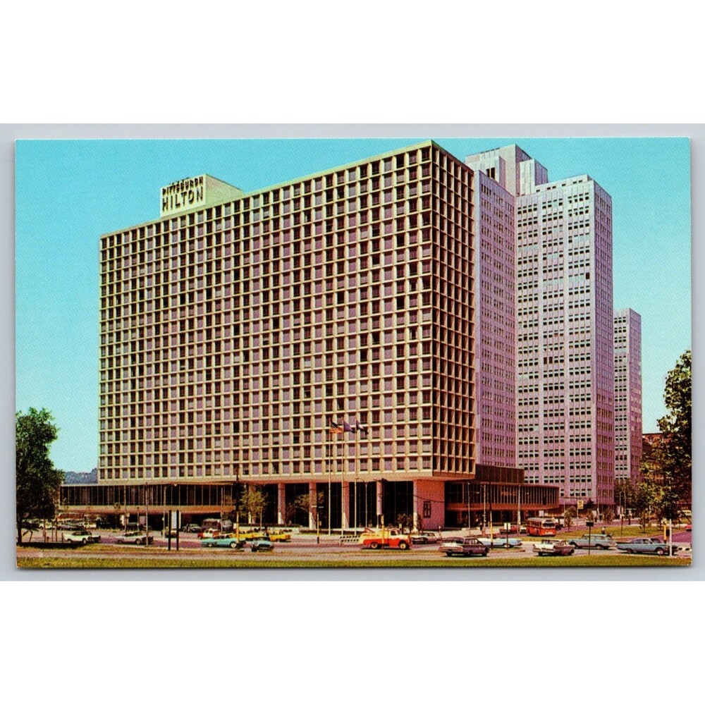 Postcard Pennsylvania Pittsburgh Hilton Hotel Gateway Center Point State Old Car